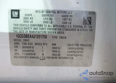 2018 Chevrolet Colorado Wt z USA, uszkodzony, nr VIN 1GCGSBEA4J1201756